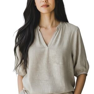 CALLIGRAPHIES Linen Blend Puff Sleeve Natural Top Blouse Taupe